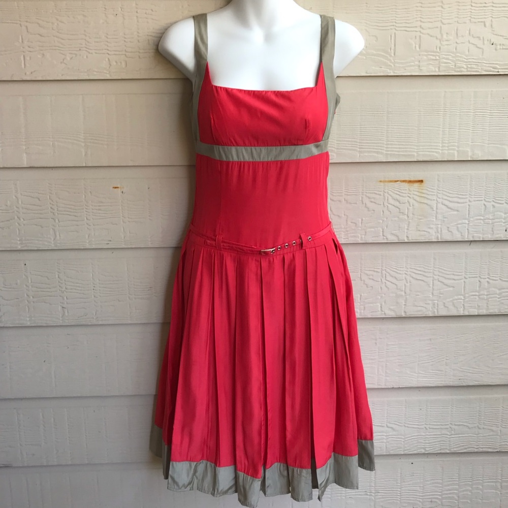 Crimson red  pleated dress with belt Small